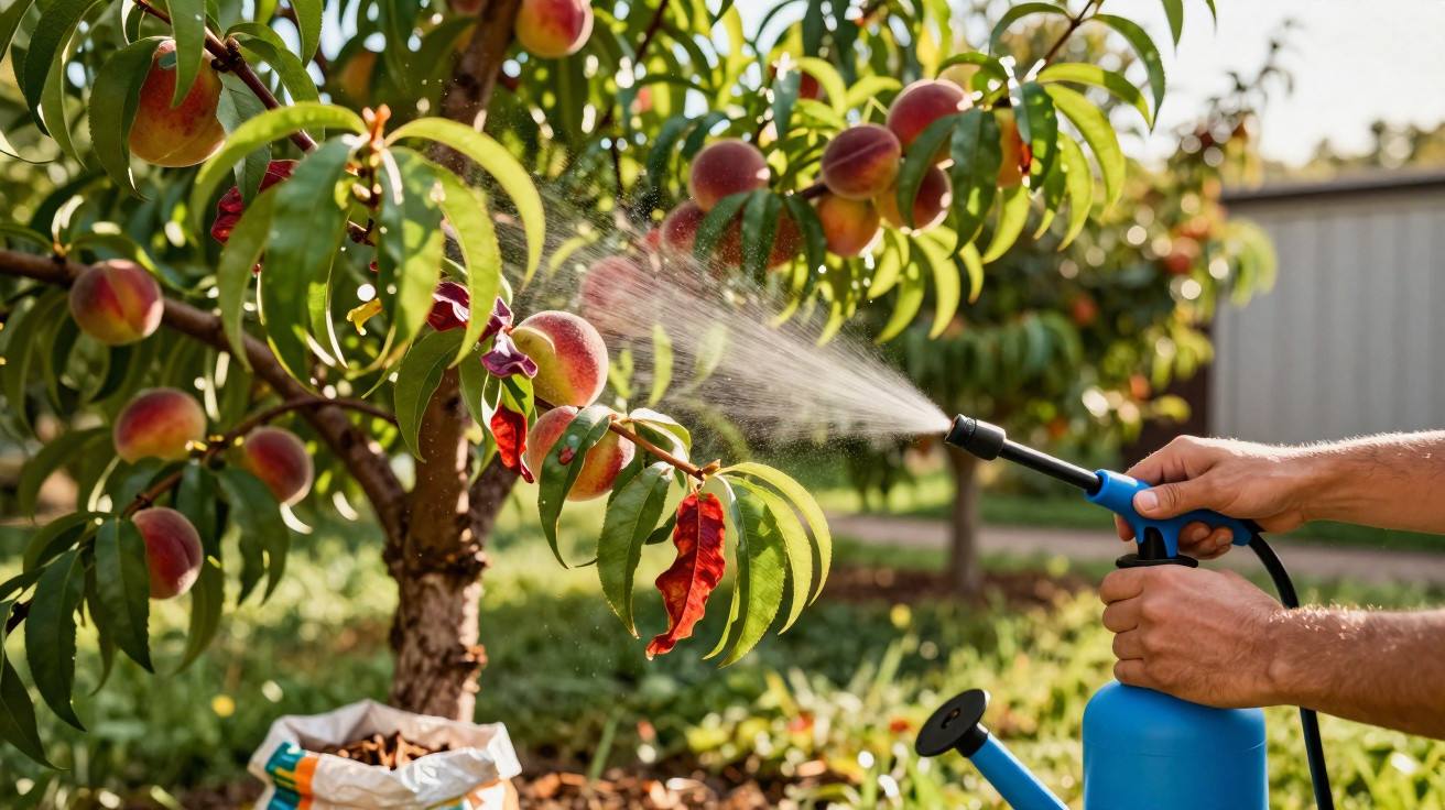 Pessoa pulverizando árvores de pessegueiro com pesticida num pomar ao ar livre.