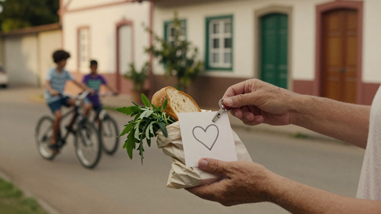 Mãos seguram saco com pão e ervas, duas crianças andam de bicicleta ao fundo numa rua de aldeia.