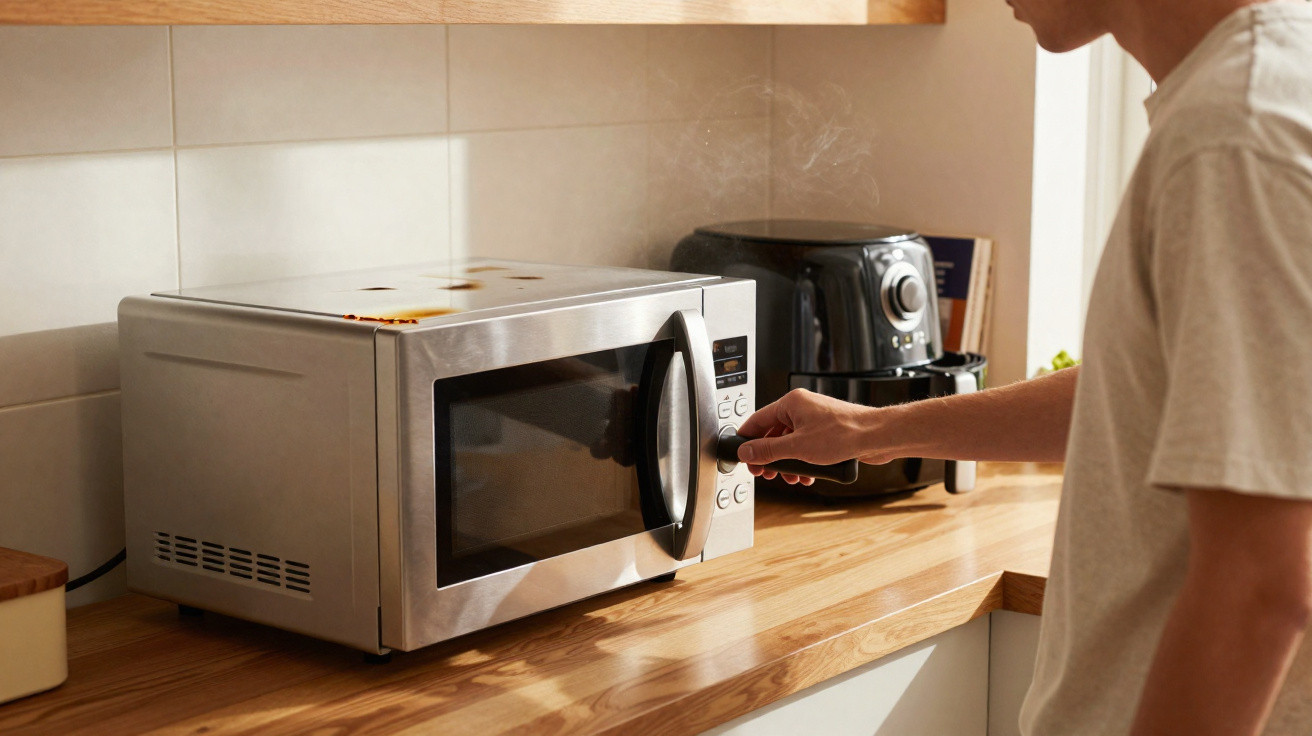Pessoa a ajustar o botão de um micro-ondas de inox numa cozinha com bancada de madeira.