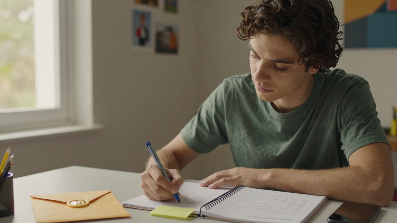 Jovem sentado à mesa a escrever num caderno aberto, junto a um envelope cor de laranja e um telemóvel.