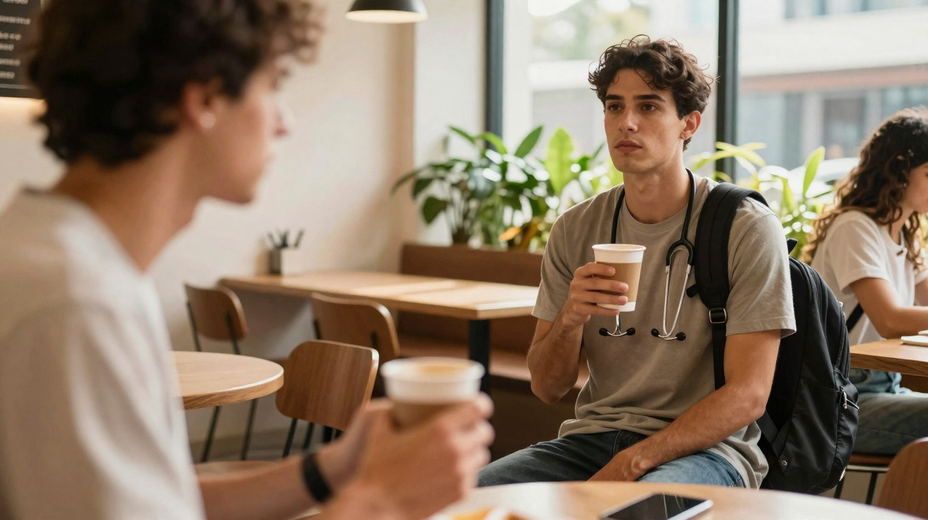 Dois jovens sentados numa cafetaria moderna, cada um segurando um copo de café para viagem.