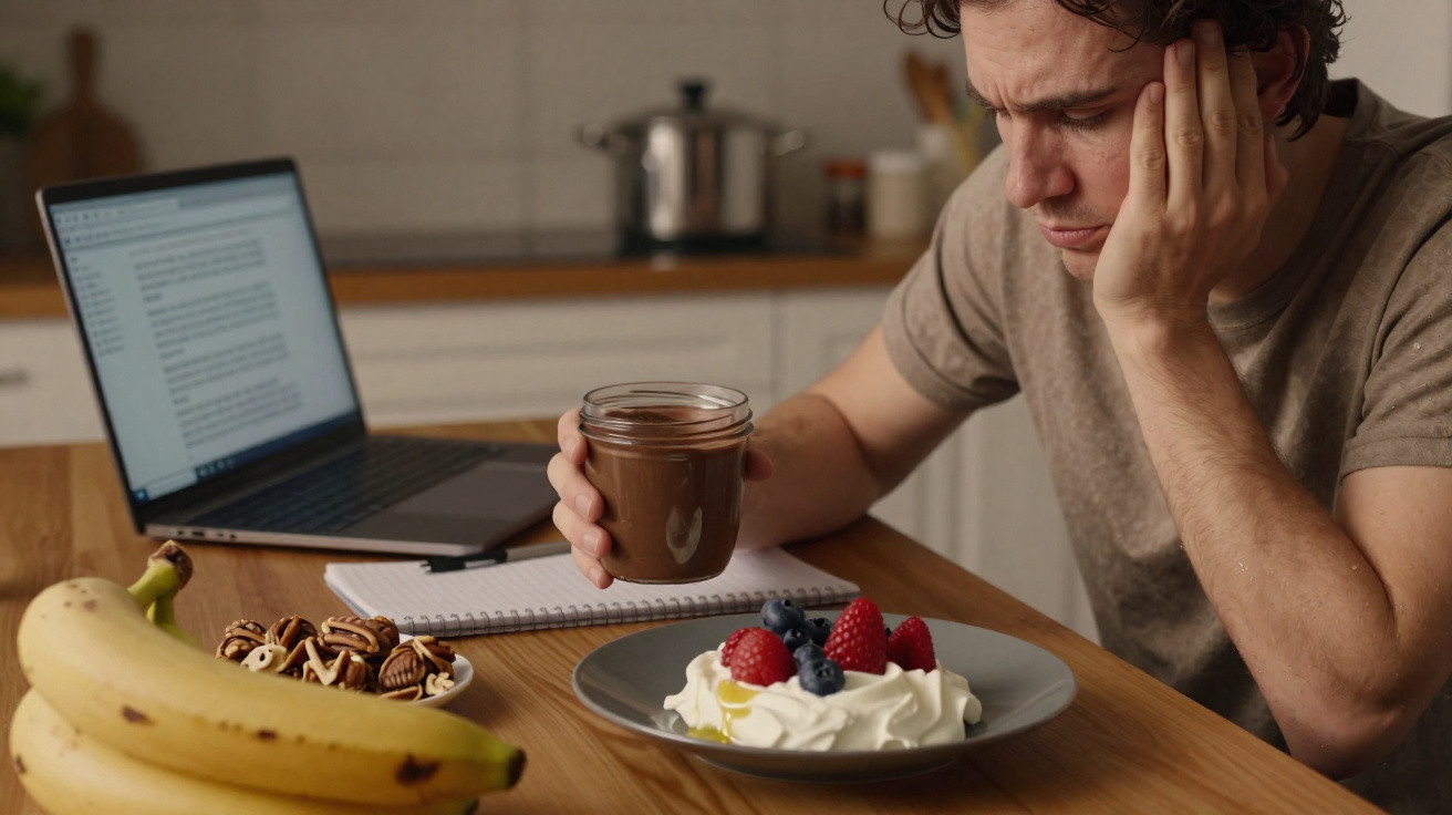 Homem pensativo sentado à mesa com sobremesa de chantilly e frutos, a segurar um copo de chocolate quente.