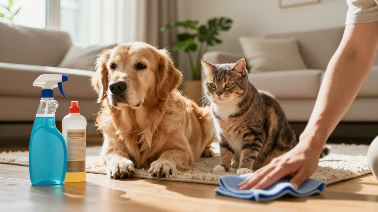 Cão e gato no chão enquanto uma pessoa limpa com um pano azul numa sala iluminada e arrumada.