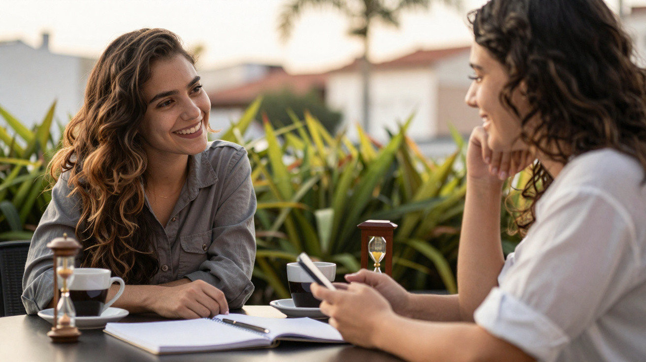 Duas mulheres conversam e sorriem numa mesa ao ar livre com cadernos, café e ampulhetas.