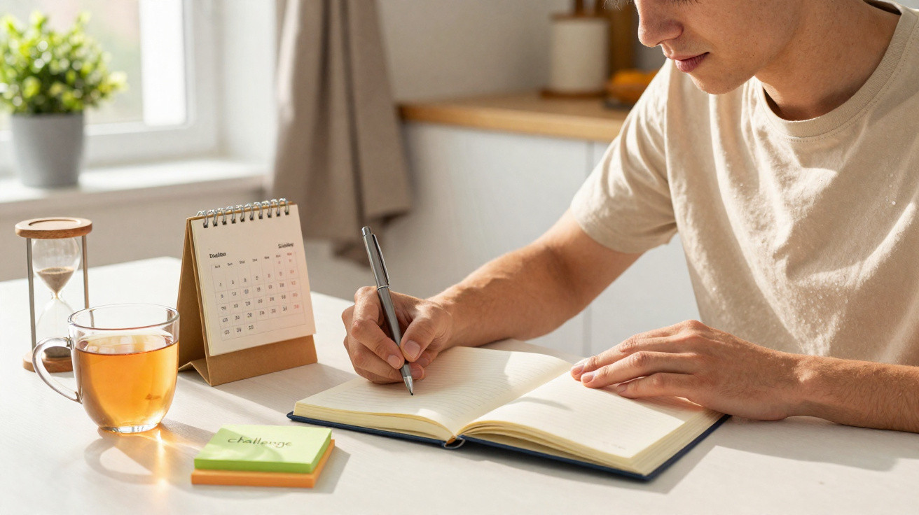 Pessoa a escrever num caderno numa mesa com chá, calendário de mesa, relógio de areia e notas adesivas verdes e laranja.