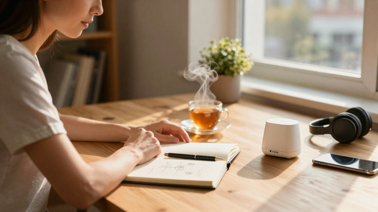 Pessoa a escrever num caderno numa mesa de madeira com chá quente, auscultadores e telemóvel ao lado, junto a uma janela.