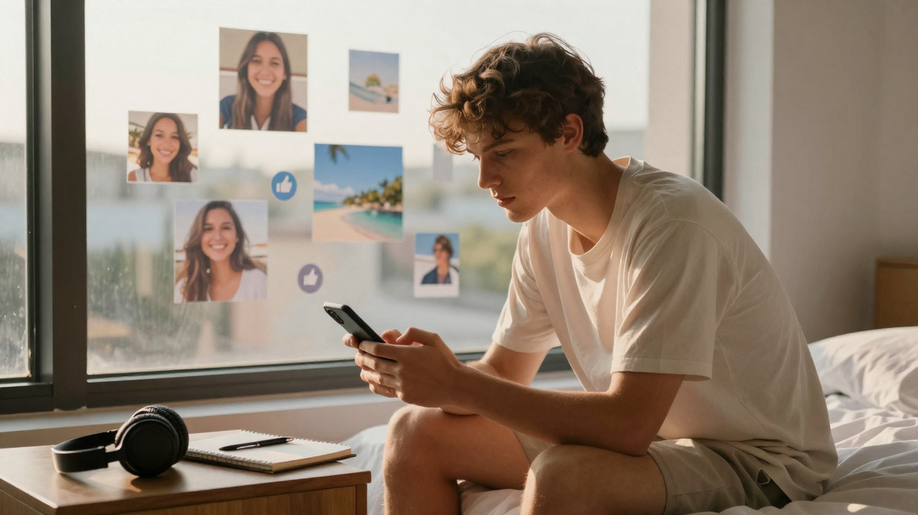 Jovem sentado na cama a usar telemóvel, com fotos e ícones de redes sociais a flutuar perto da janela.