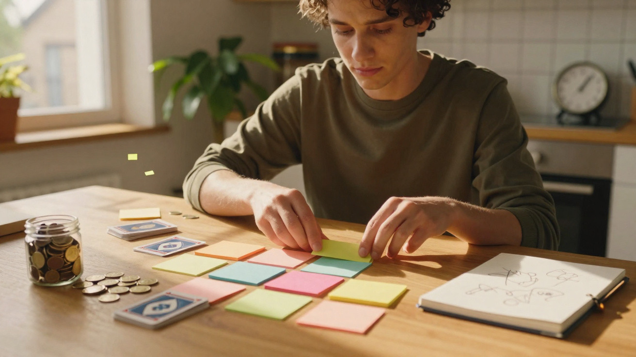 Jovem organiza notas adesivas coloridas numa mesa de madeira com moedas e caderno ao lado.