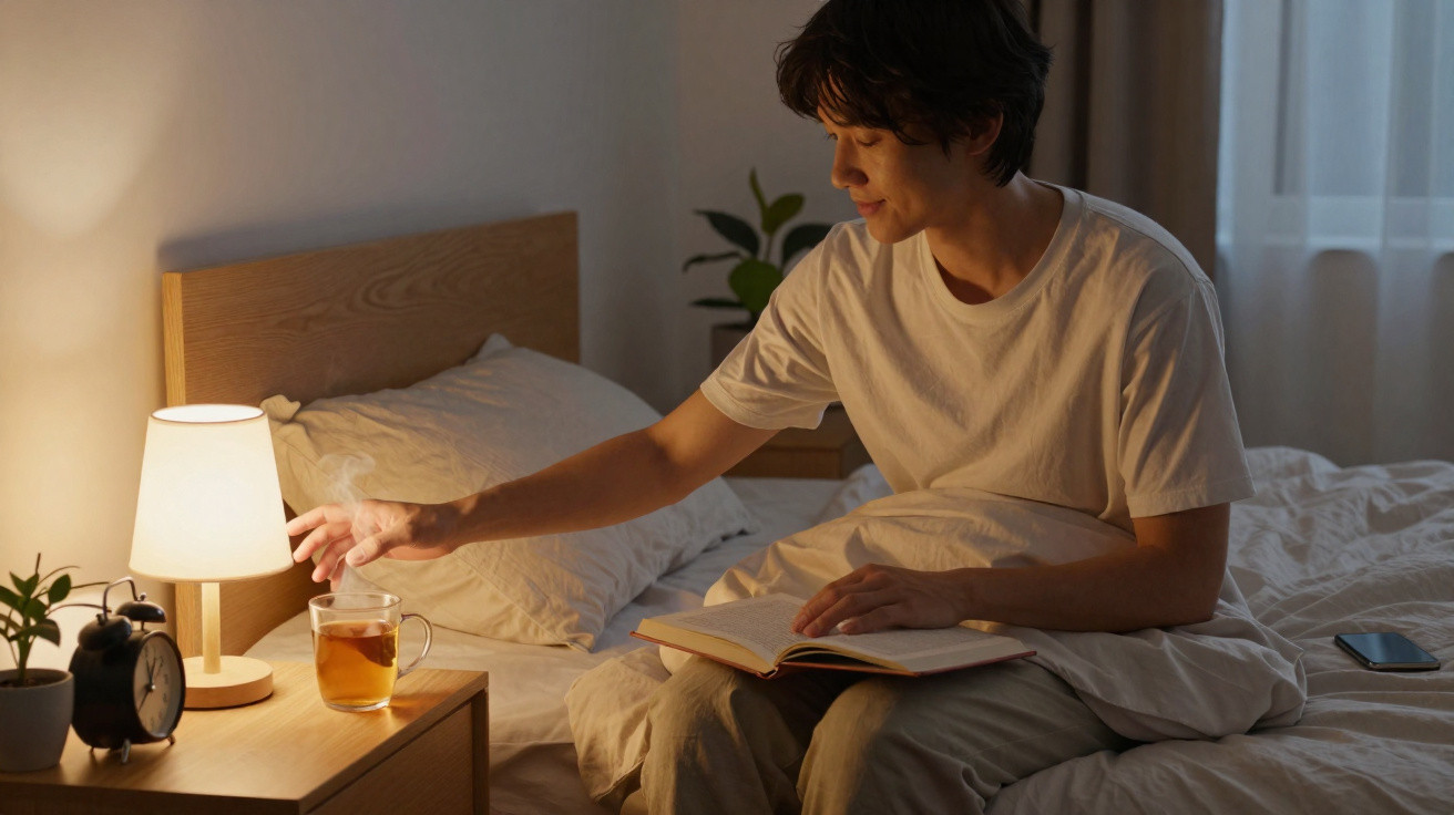 Homem sentado na cama a pegar chá enquanto lê um livro num quarto iluminado por candeeiro.