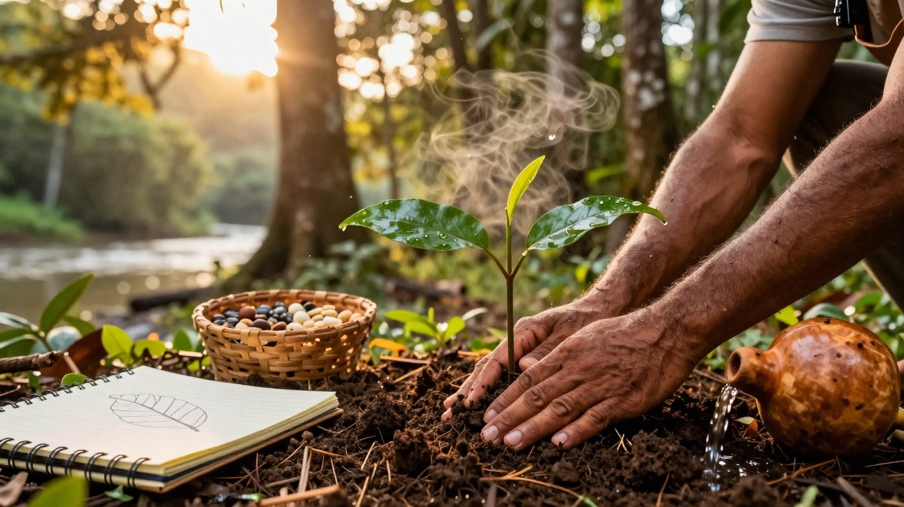 Mãos a plantar uma muda numa floresta, com caderno, sementes e jarro a verter água ao lado.