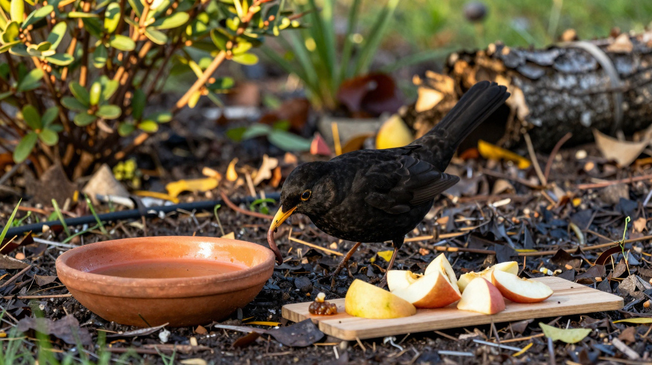 Pássaro preto com bico amarelo a comer numa tábuinha com fatias de maçã junto a uma taça de barro no chão.