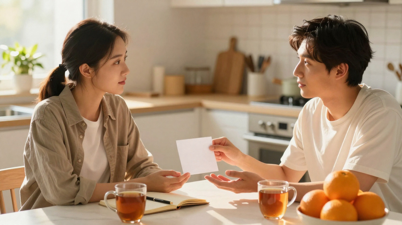 Casal sentado à mesa na cozinha, a trocar um papel, com chá e fruta na mesa.