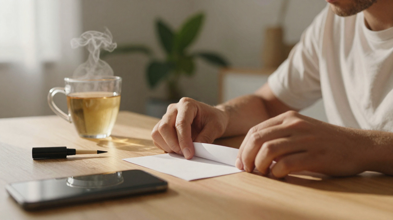 Pessoa na mesa a abrir um envelope com chá quente, telemóvel e caneta próximos num ambiente tranquilo.