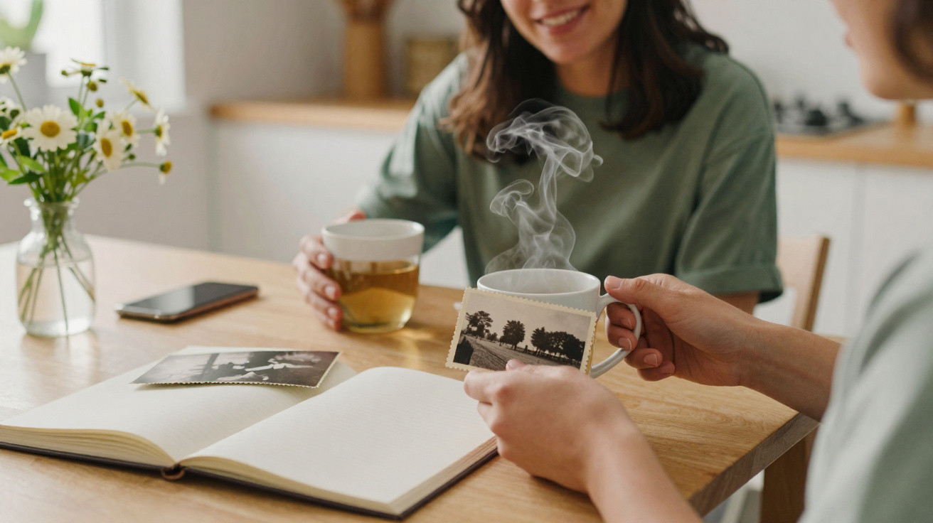 Duas pessoas sentadas à mesa com chá, revista aberta e fotografias antigas numa cozinha iluminada.