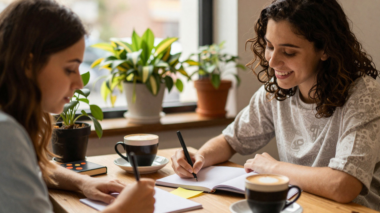 Duas mulheres a escrever em cadernos numa mesa de café com plantas e cafés à sua frente.
