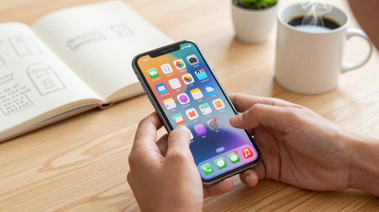 Pessoa a usar smartphone com ecrã de aplicações, livro aberto e chávena de café fumegante numa mesa de madeira.
