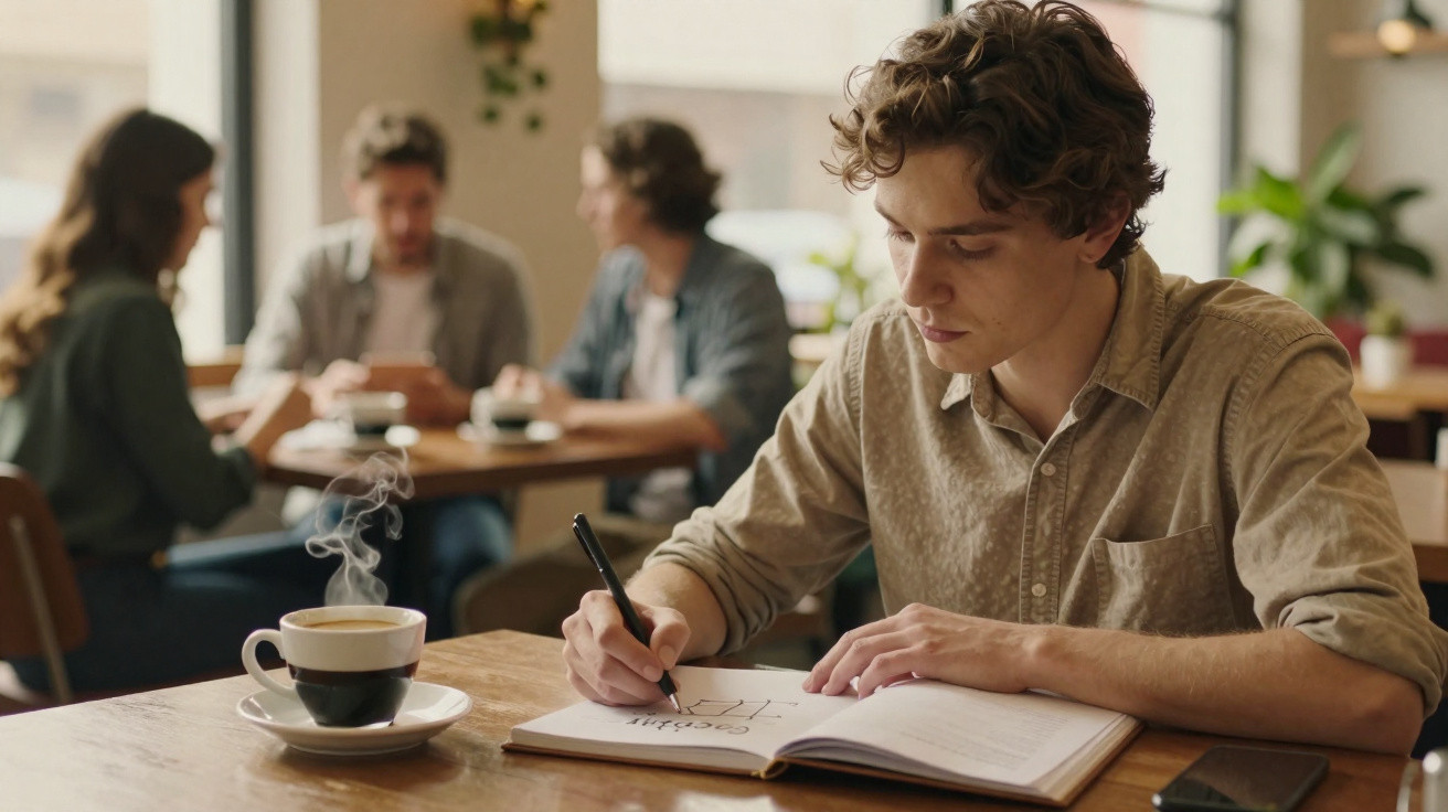 Jovem a escrever num caderno numa cafetaria, com chá quente numa mesa e pessoas ao fundo a conversar.