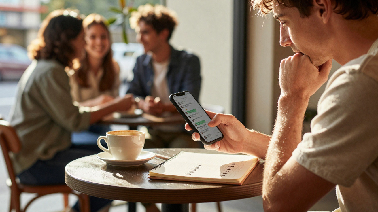 Homem atento ao telemóvel sentado numa mesa de café com caderno e chá, enquanto outras três pessoas conversam ao fundo.