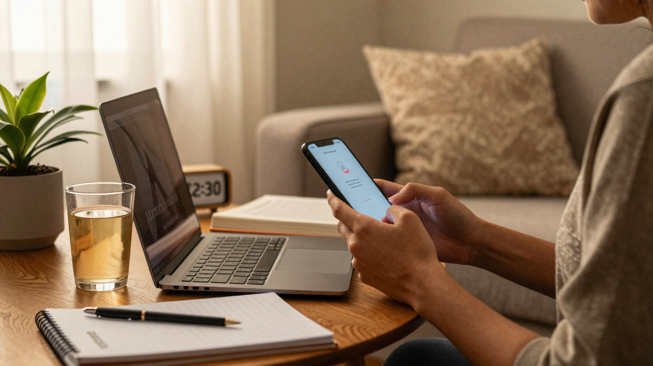 Pessoa a usar smartphone sentada na mesa com portátil, bloco de notas e copo de água num ambiente acolhedor.