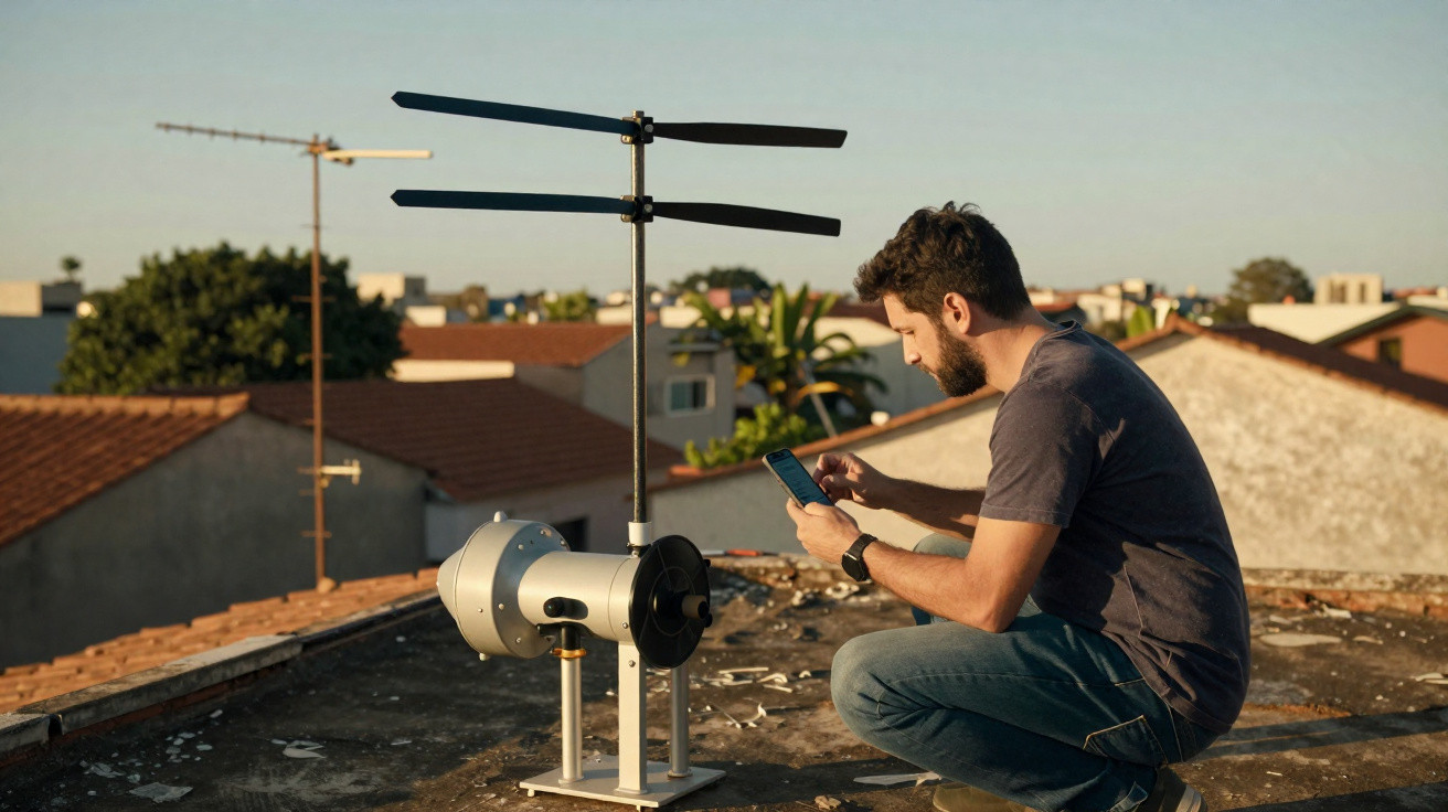 Homem numa cobertura a verificar aparelho meteorológico com smartphone ao fim da tarde.