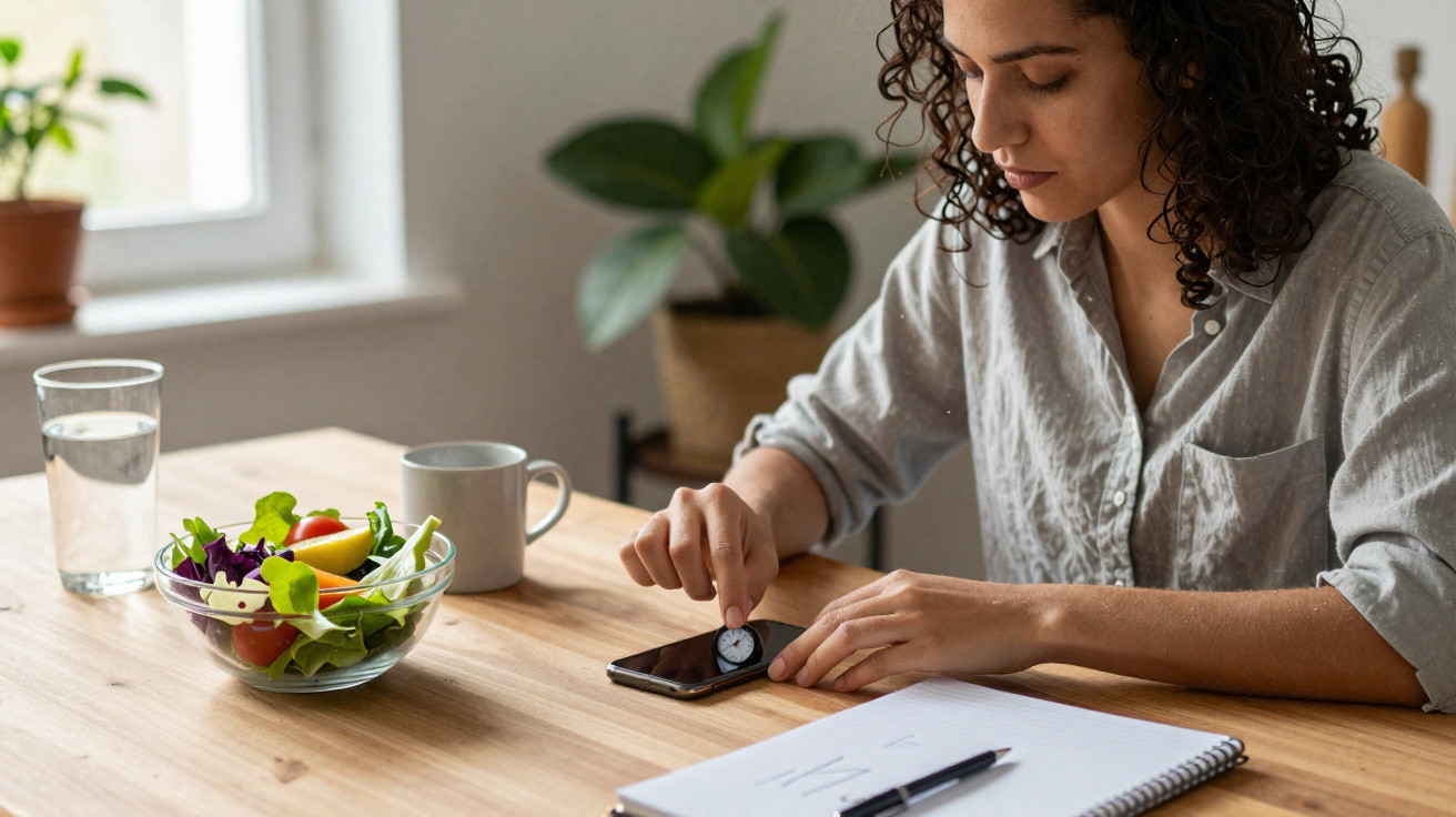 Pessoa a usar relógio inteligente enquanto está sentada à mesa com salada, caderno e copo de água.
