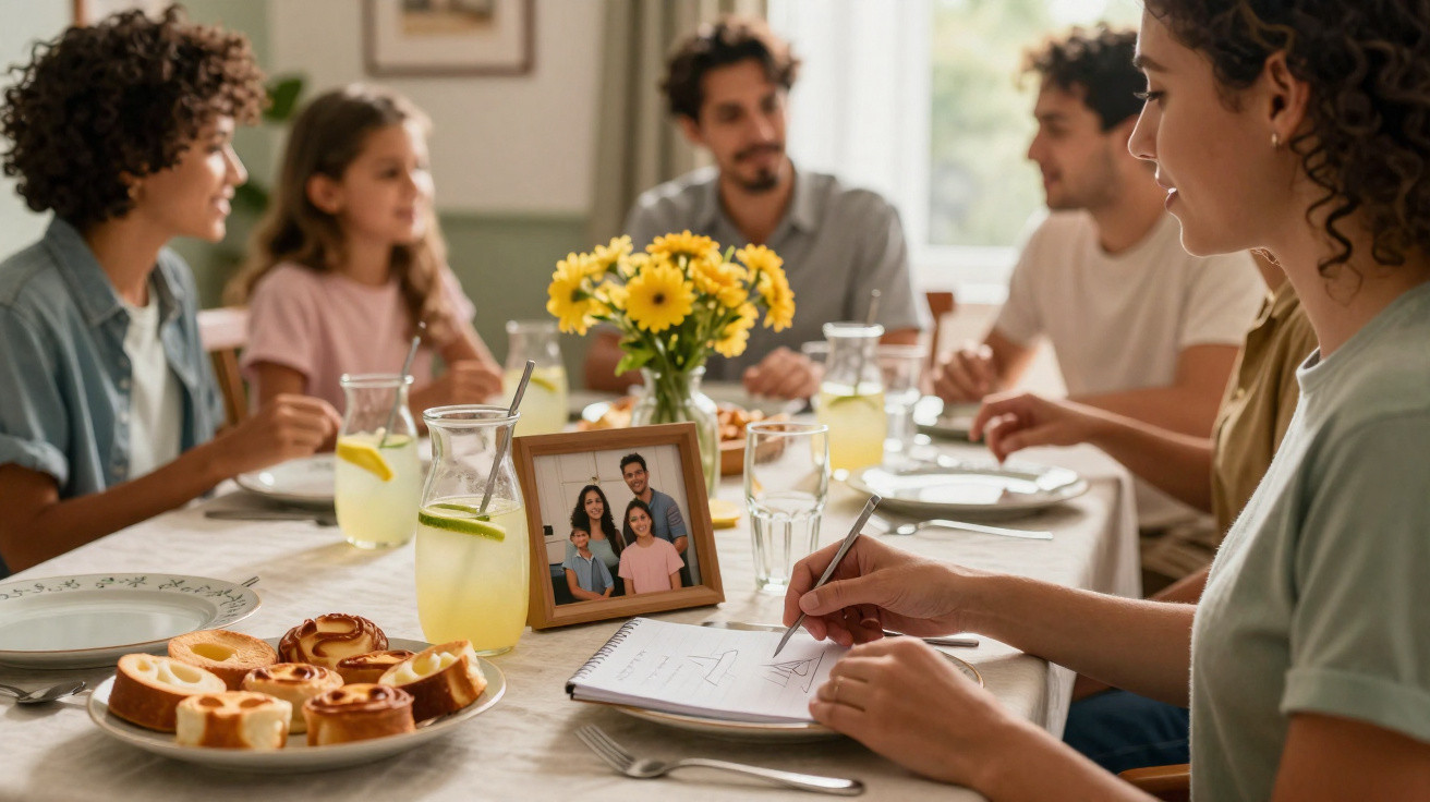 Família sentada à mesa decorada com flores e limonada, com uma pessoa a fazer desenhos num caderno.