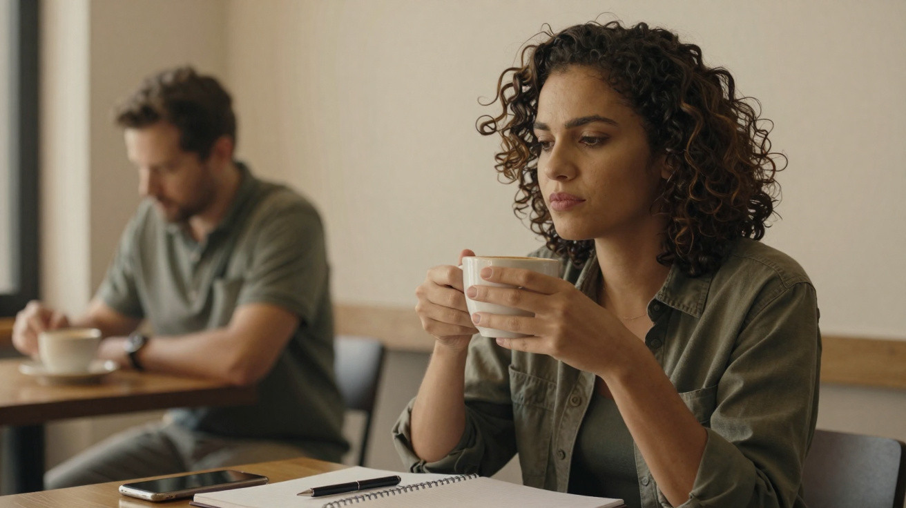 Mulher de cabelo encaracolado a beber café, pensativa, com homem ao fundo também a beber café.