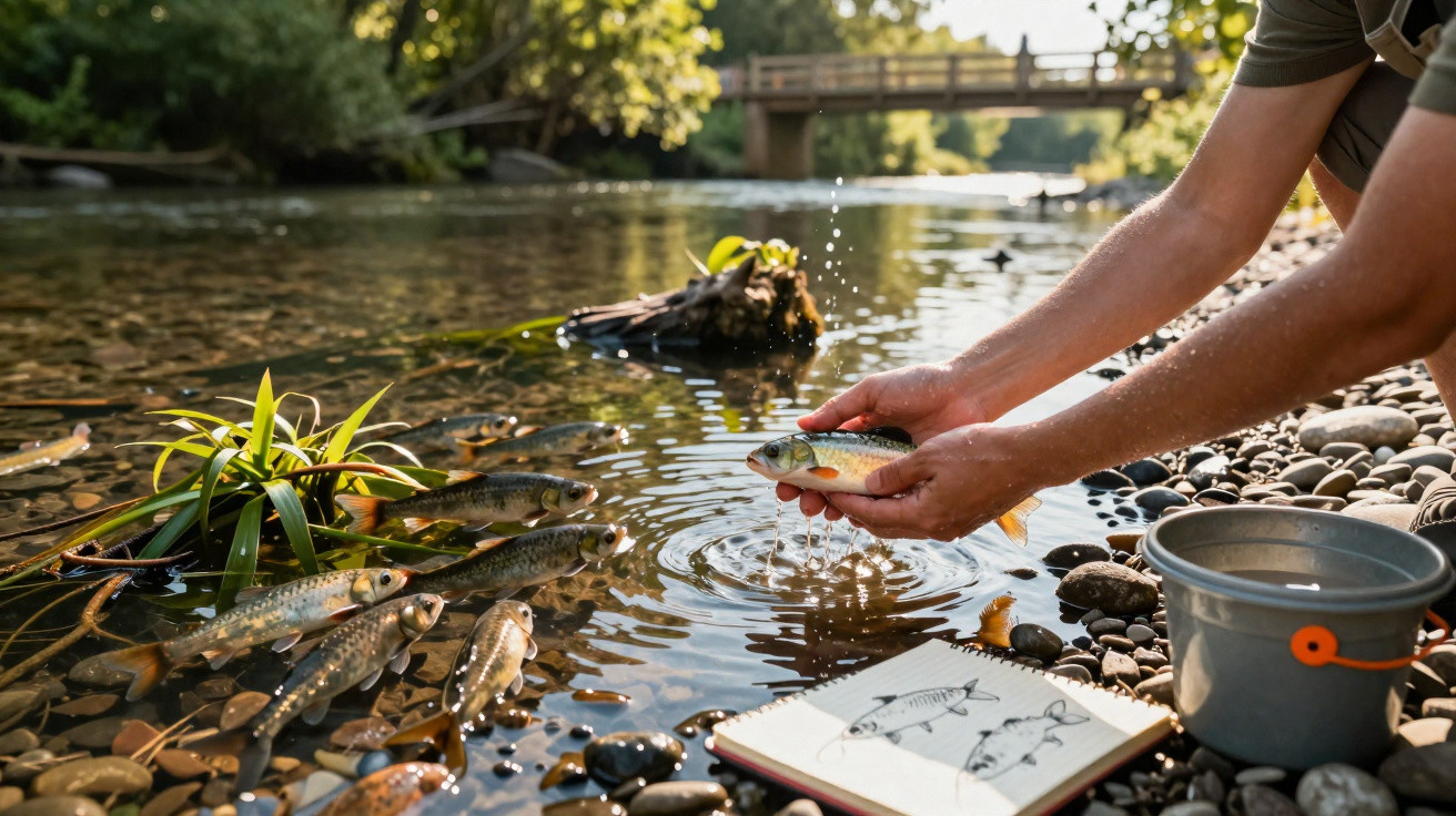 Mãos seguram peixe sobre rio com peixe e plantas na água, caderno de desenhos e balde na margem pedregosa.