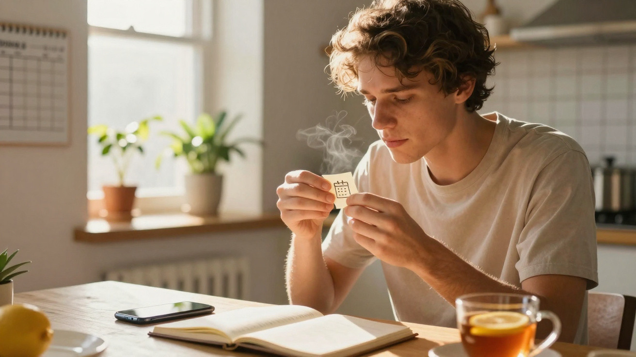 Jovem sentado à mesa a queimar um pedaço de papel com um calendário desenhado, com livro aberto e chá na mesa.