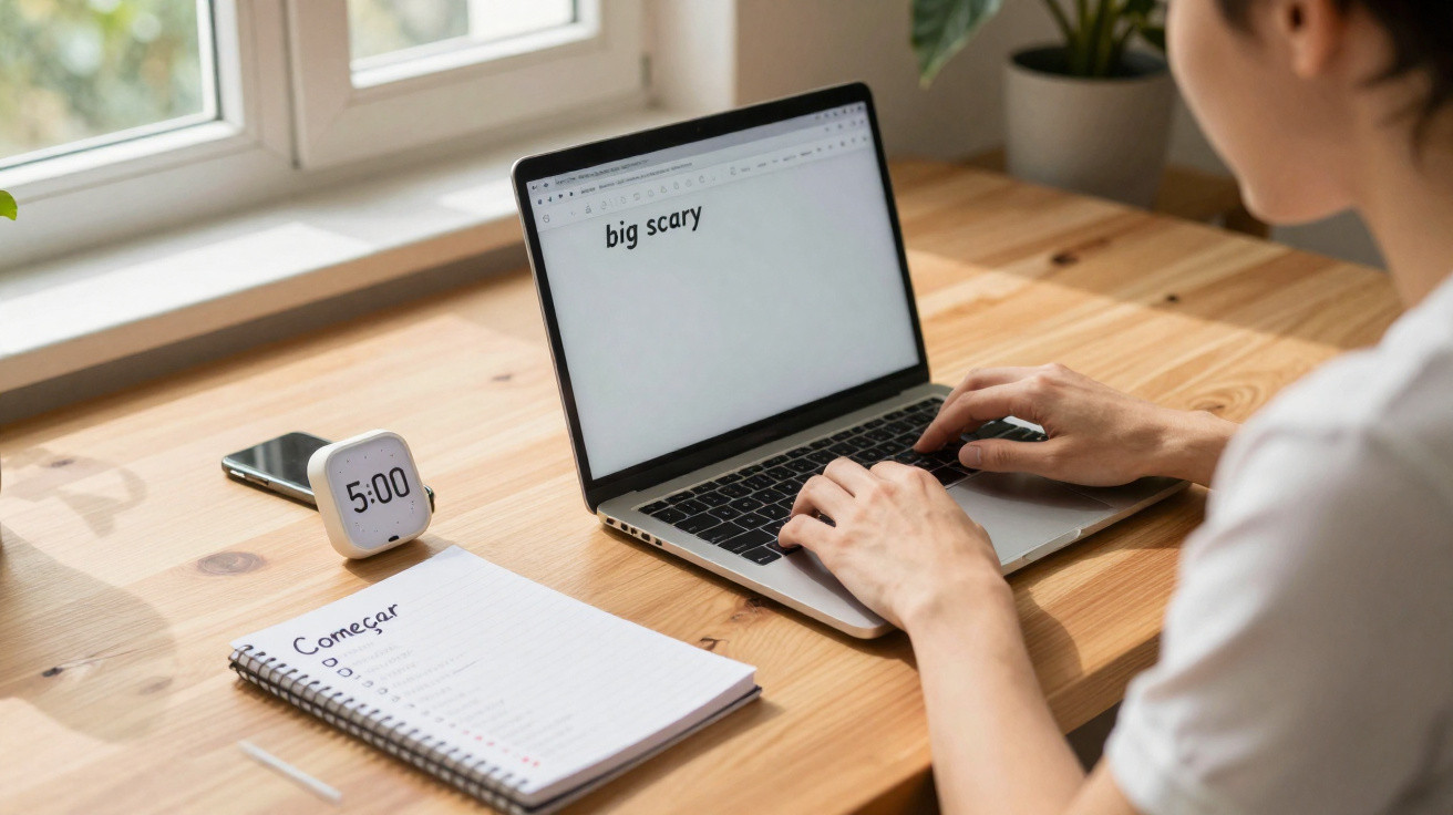 Pessoa a digitar num portátil com a frase "big scary", relógio e bloco de notas com lista numa secretária de madeira junto à 