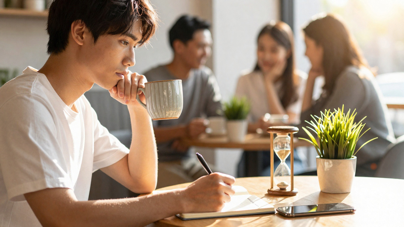 Jovem a tomar café e a escrever num caderno, com ampulheta e planta numa mesa, enquanto três pessoas conversam ao fundo.