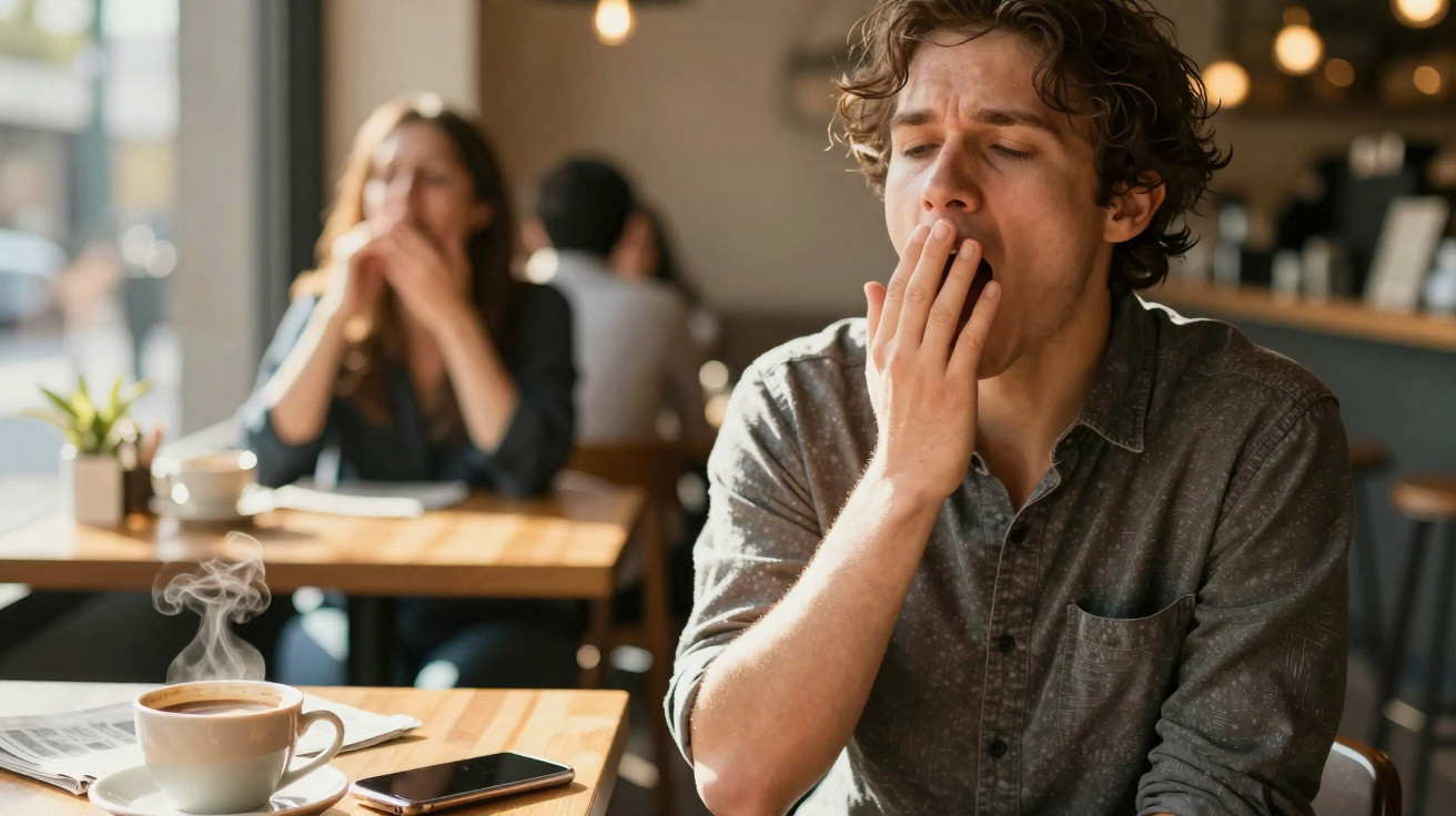 Homem a bocejar num café, com chávena de café fumegante e smartphone na mesa.