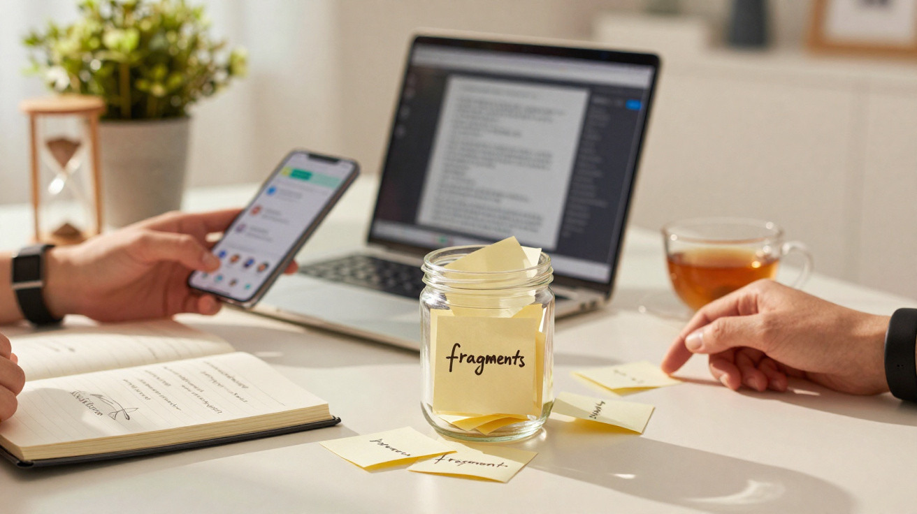 Mãos com smartphone e notas, computador portátil aberto e frasco com notas “fragments” numa mesa.
