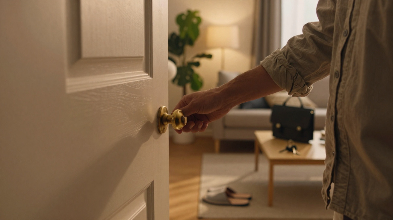 Pessoa a abrir uma porta branca de casa com uma mão, mostrando uma sala com sofá e mesa.