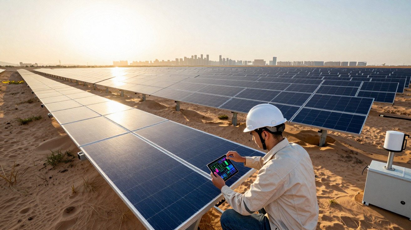 Técnico com capacete a monitorizar painéis solares num campo solar ao pôr do sol em terreno arenoso.