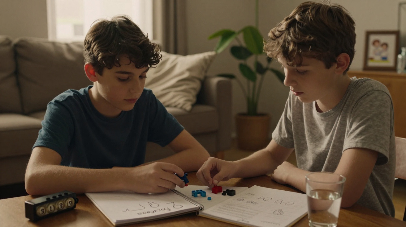 Dois rapazes sentados à mesa, a brincar com peças coloridas e a estudar num ambiente acolhedor.