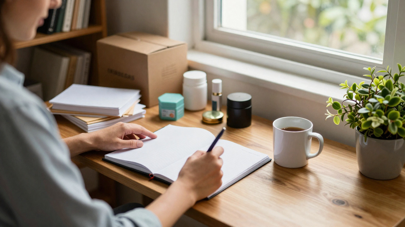 Pessoa a escrever num caderno numa secretária junto à janela com caneca, plantas e objetos pessoais.