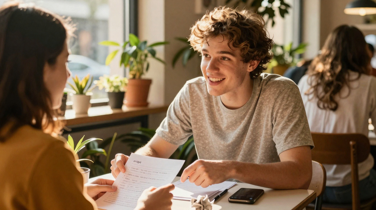 Dois jovens sentados numa mesa de café, sorrindo e a discutir um documento.