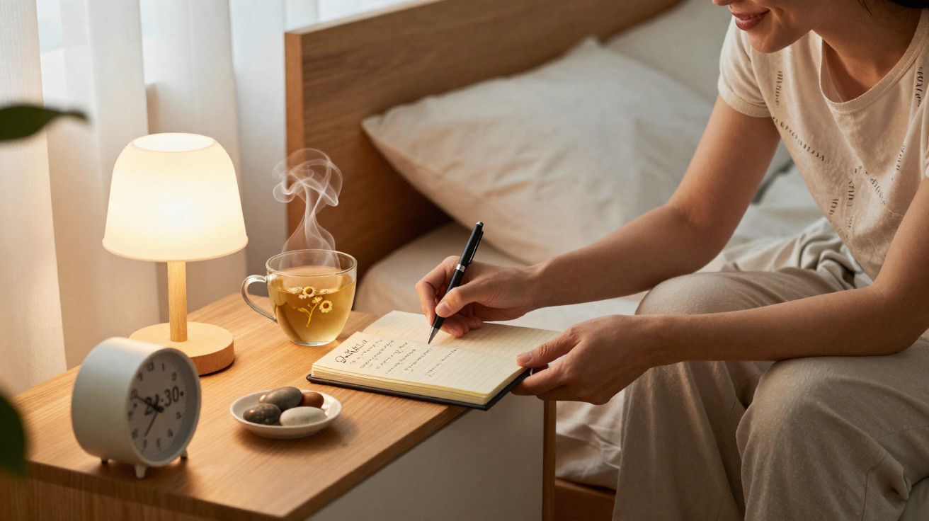 Pessoa sentada na cama a escrever numa agenda, com chá quente, candeeiro e relógio na mesa de cabeceira.