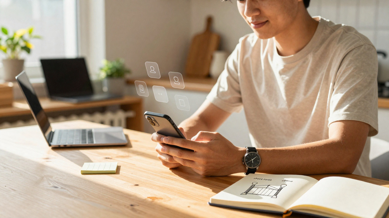 Homem a usar telemóvel sentado numa mesa com computador portátil e caderno aberto num ambiente iluminado.