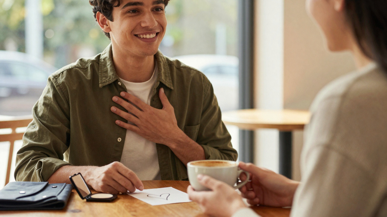 Jovem sorridente a receber uma declaração com desenho de coração numa cafeteria.
