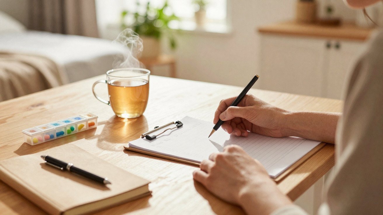 Pessoa a escrever num bloco de notas junto a uma chávena de chá quente num ambiente acolhedor.