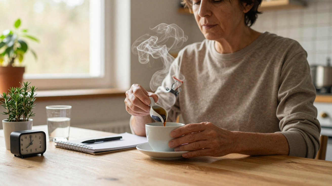 Mulher a despejar café quente numa chávena branca numa mesa de madeira com caderno e relógio.