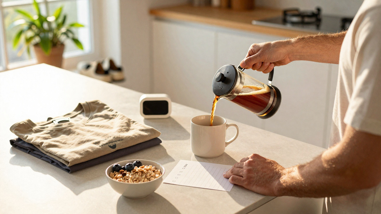 Pessoa a servir café numa caneca numa cozinha com t-shirts, relógio digital e taça de cereais na bancada.
