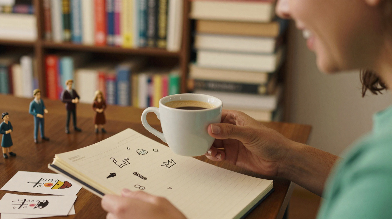 Pessoa a segurar uma chávena de café junto a caderno com desenhos e miniaturas de personagens numa mesa com livros.
