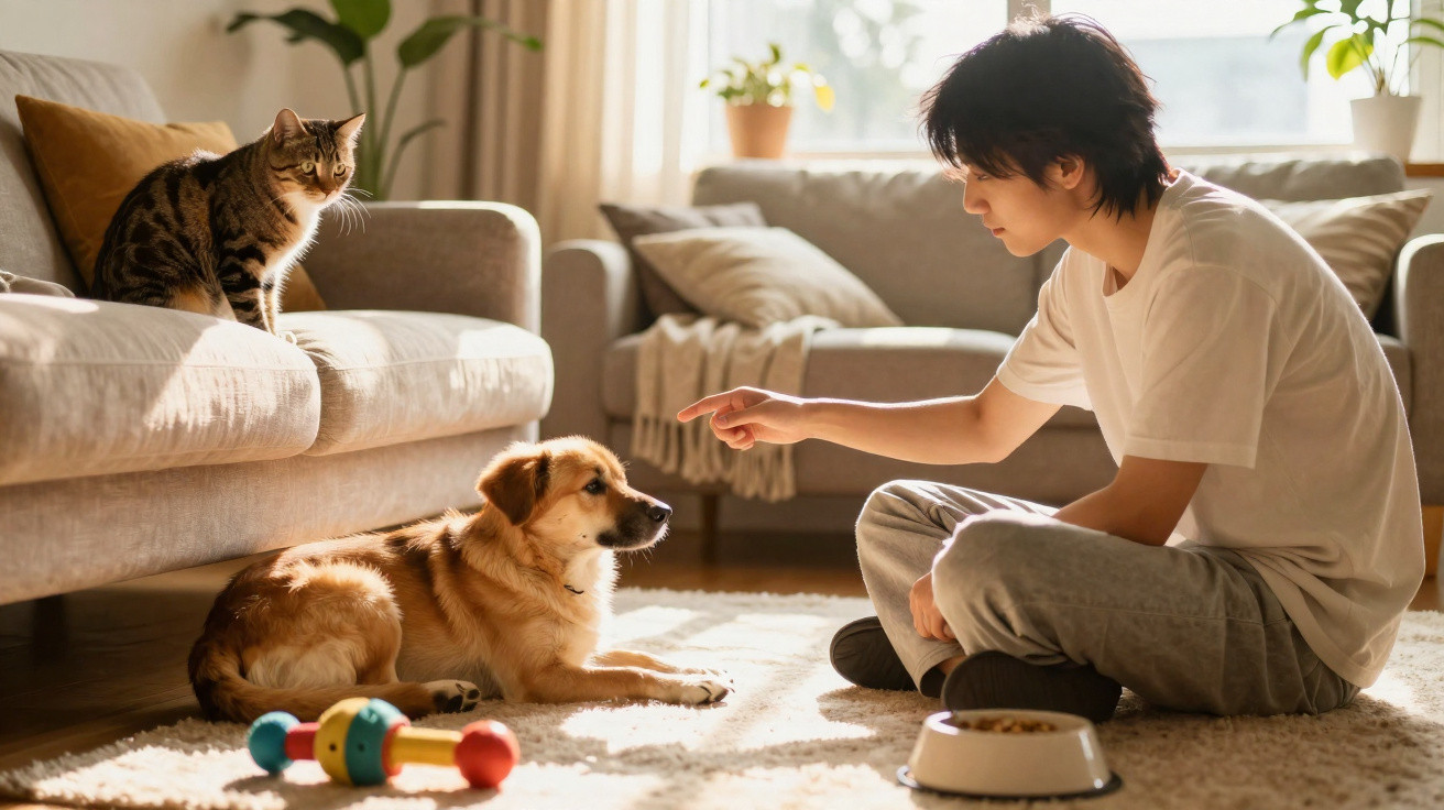 Jovem sentado no chão a apontar para cão deitado com gato sentado no sofá ao lado, em sala iluminada.