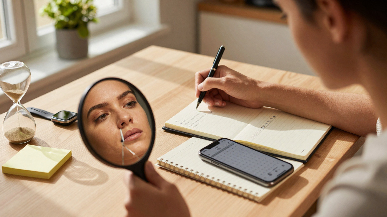Pessoa a escrever num caderno, segurando um espelho com o seu rosto refletido sobre uma mesa com objetos pessoais.