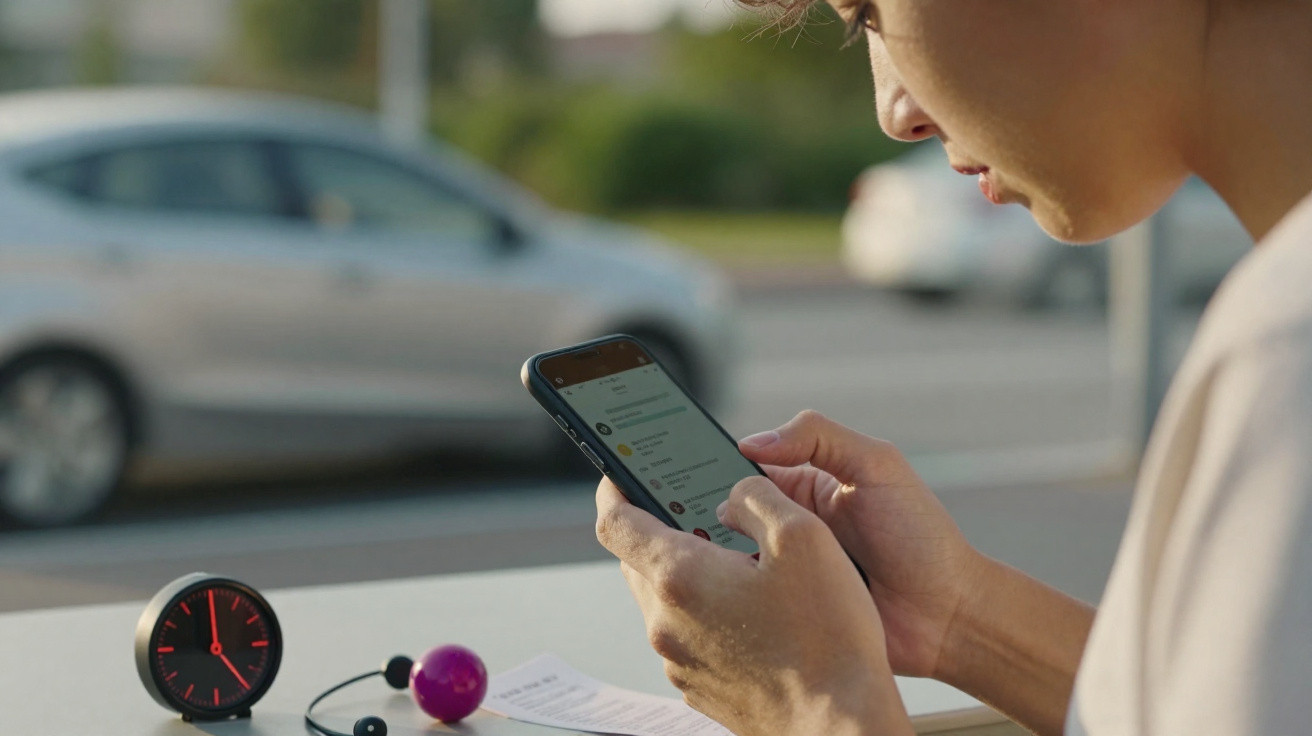 Pessoa a usar smartphone numa mesa com relógio, auscultadores e papel, com carro desfocado ao fundo.