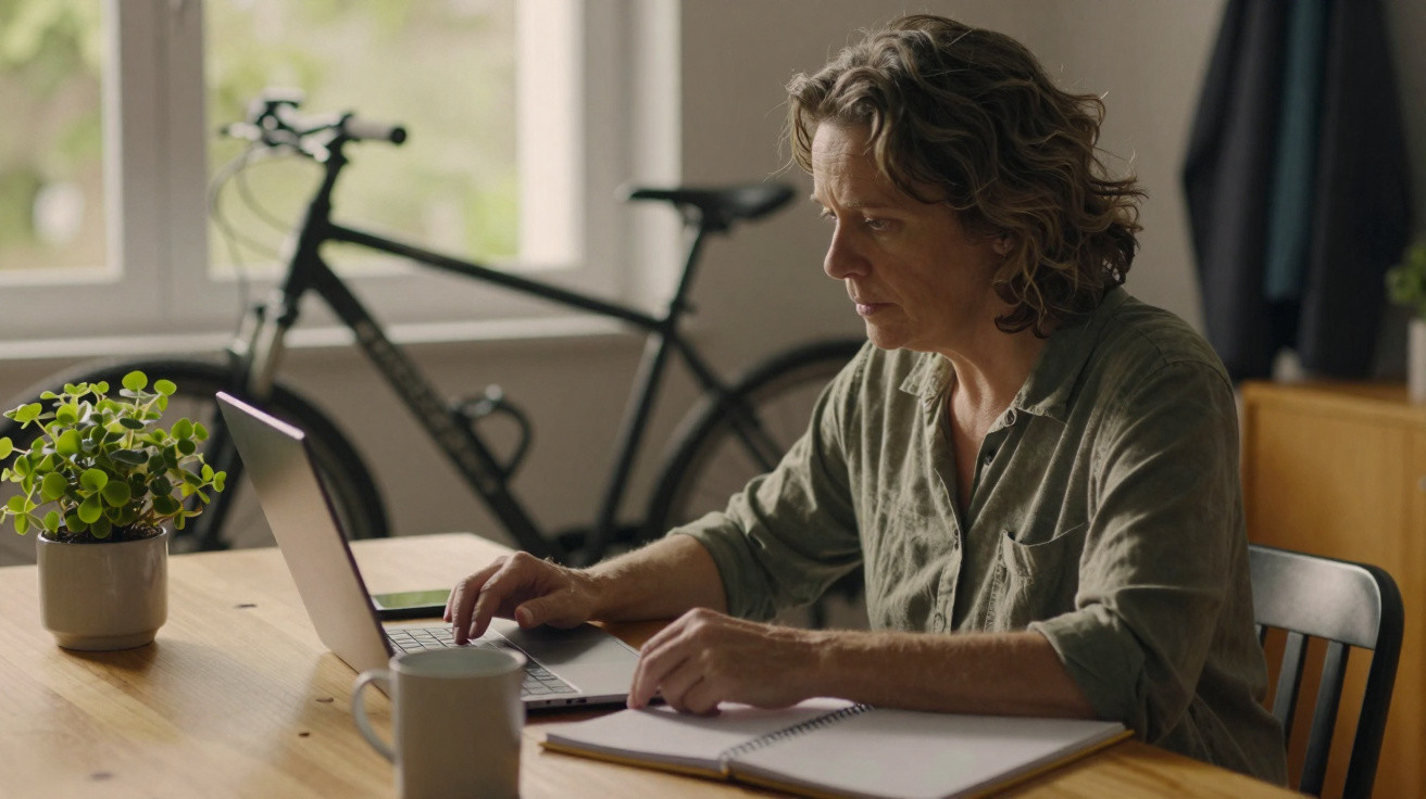 Mulher sentada a trabalhar num laptop numa mesa de madeira com caderno, caneca e planta, bicicleta ao fundo.