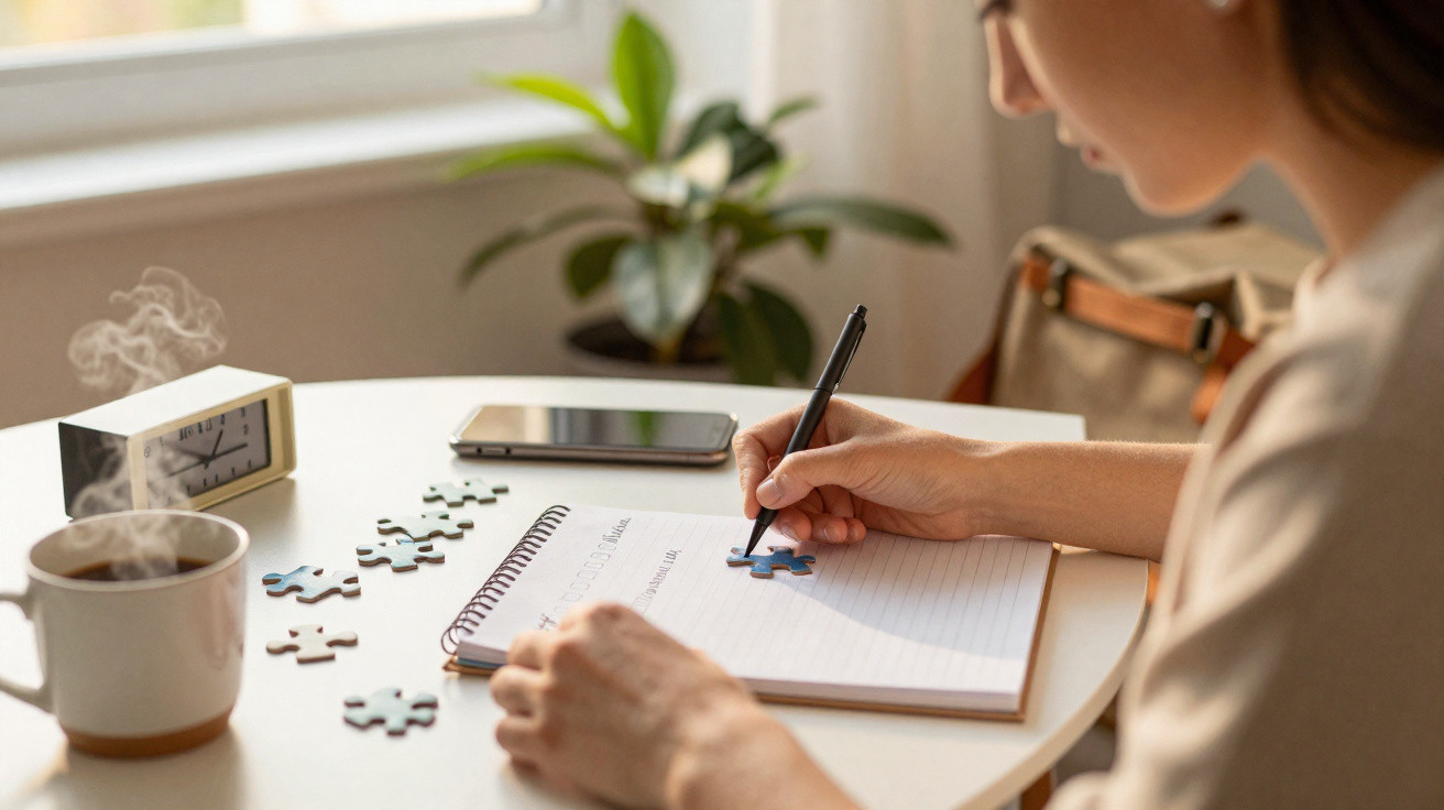 Pessoa escrevendo num caderno e segurando uma peça de puzzle numa mesa com chá, relógio e telemóvel.